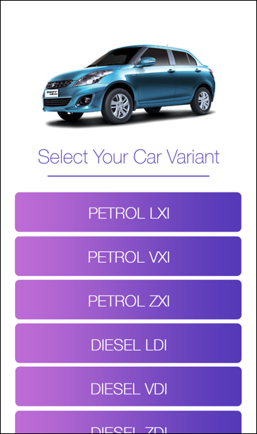 Select Car Variant View of Auto Lounge App